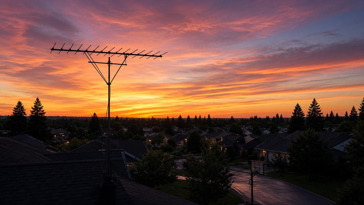 TV antenna silhouetted against a sunset over a suburban neighborhood with a driveway basketball hoop