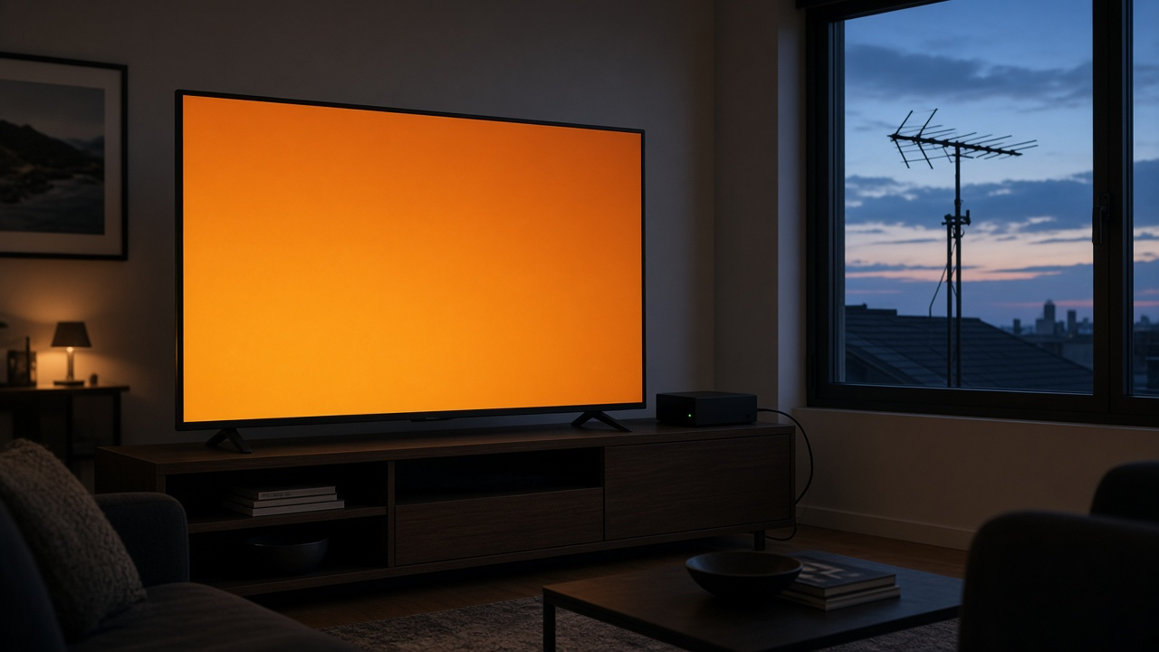 Rooftop TV antenna against a stormy late-afternoon sky above a quiet suburban roofline