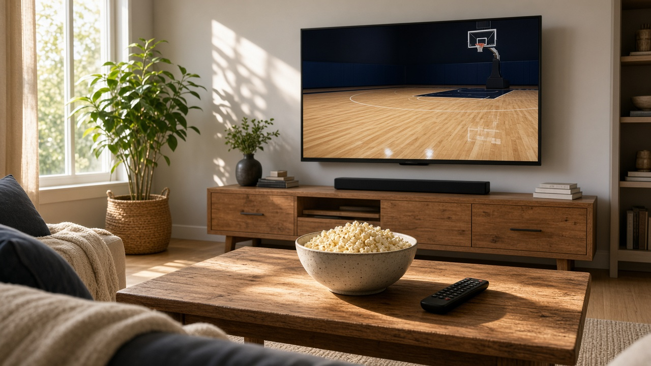 Bright living room with a TV showing a basketball hoop, and popcorn and a remote on the coffee table