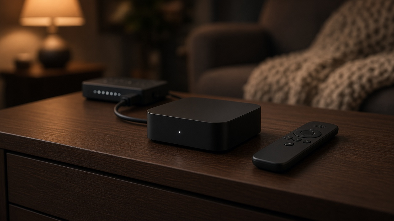 Square black streaming box with a small white status light and a remote on a dark walnut TV stand, a home router behind it and a cozy couch softly blurred in warm lamp light