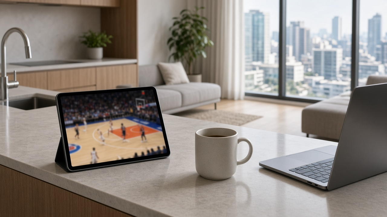Tablet on a kitchen counter streaming a basketball game beside a coffee mug and laptop in a bright apartment