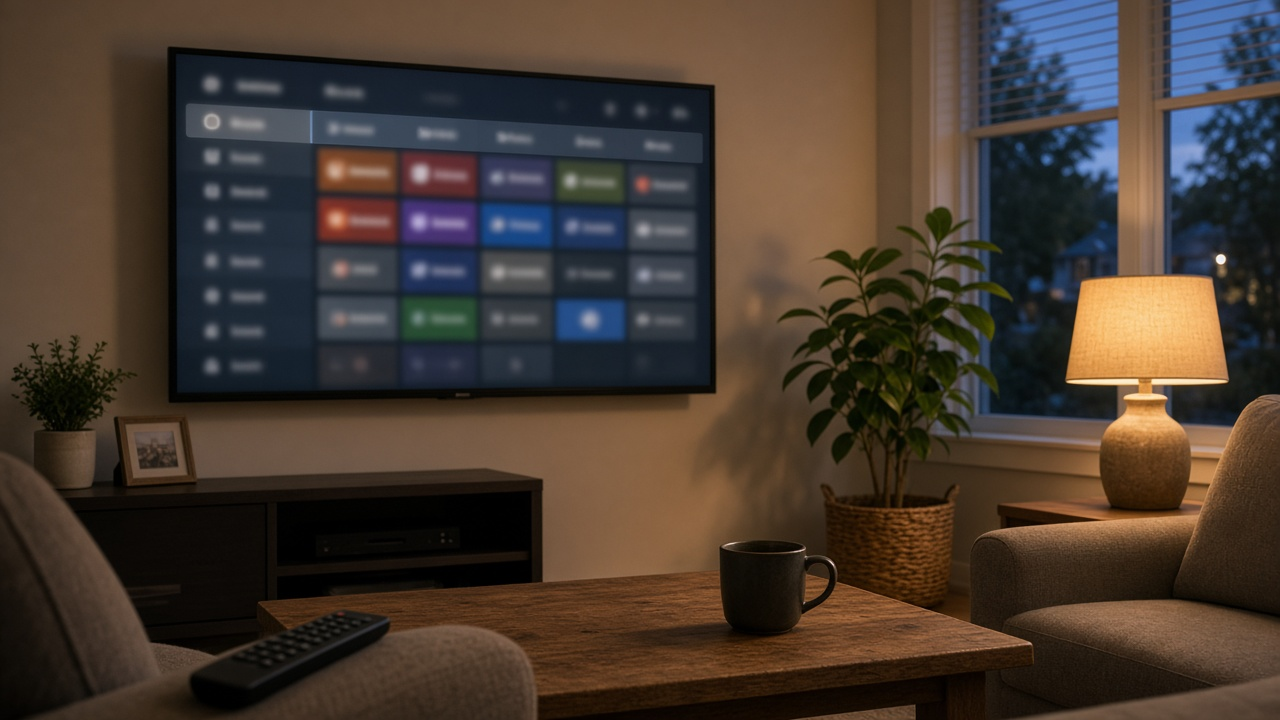 Living room at dusk with a large TV showing a soft-focus generic streaming guide grid, warm lamp light, no logos or readable text