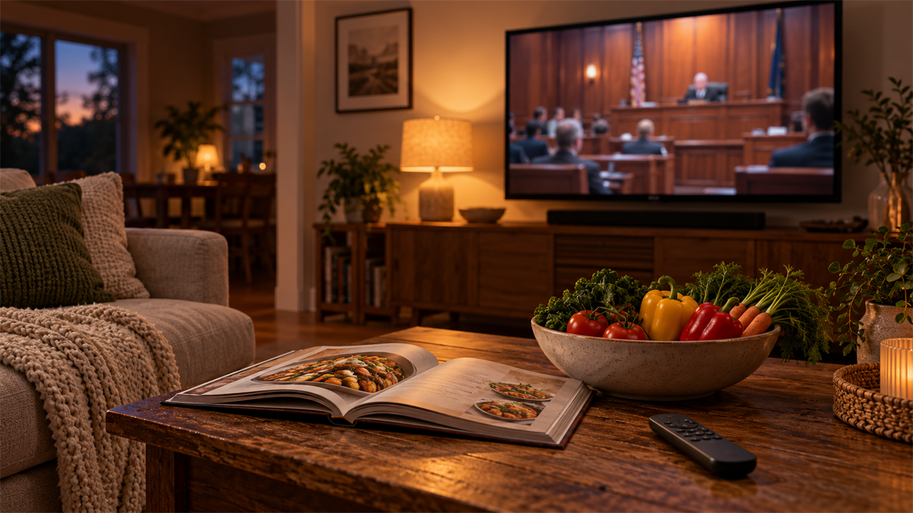 Living room at dusk with a cookbook open on the coffee table and a TV showing a blurred courtroom scene