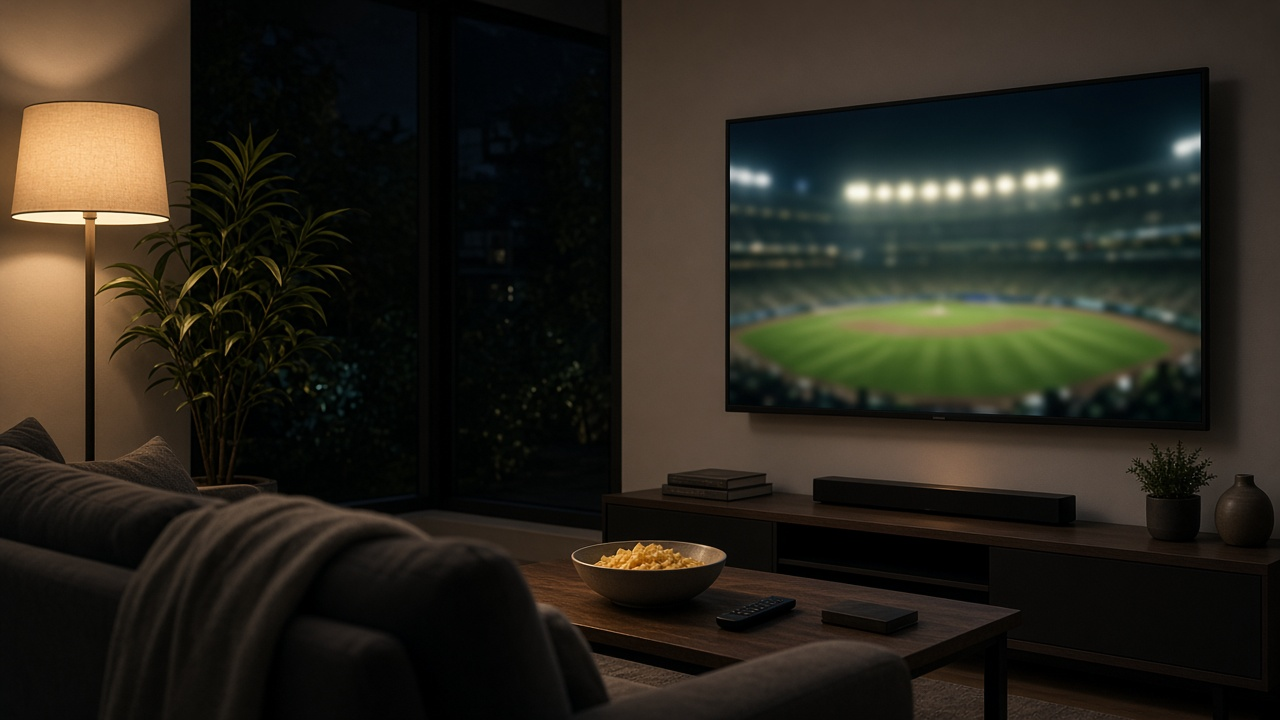 Modern living room with a large TV showing a soft-focus nighttime baseball stadium glow, snacks on coffee table, ambient lamp light, no logos text or jerseys