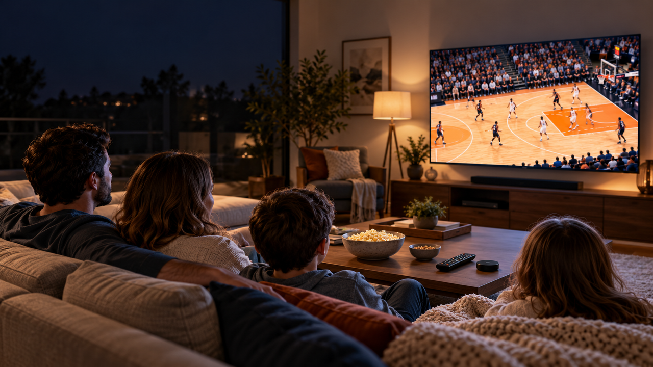 Family watching an unbranded basketball game on a large television in a comfortable living room, with a streaming remote nearby